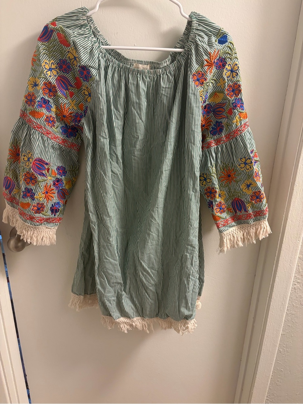 Velzera 100% Cotton Floral Embroidered Striped Fringe Tunic Dress 2XL